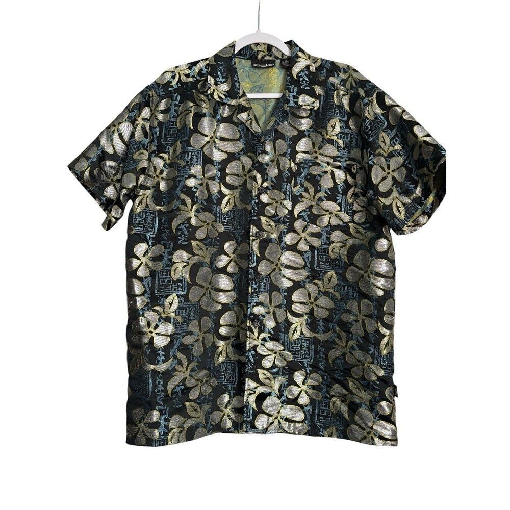 Vintage ODO Floral Hawaiian Short Sleeve Shirt Mens M Button Up Metallic Y2K